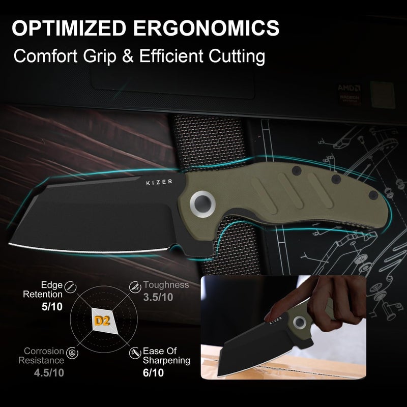 KIZER C01C XL Sheepdog Pocket Knife, 3.9" D2 Sheepsfoot Blade EDC Folding Knife with Green G10 Handle, Liner Lock, Flipper, and Pocket Clip, Camping Survival Knives for Men Women, V5488M1 - Image 4